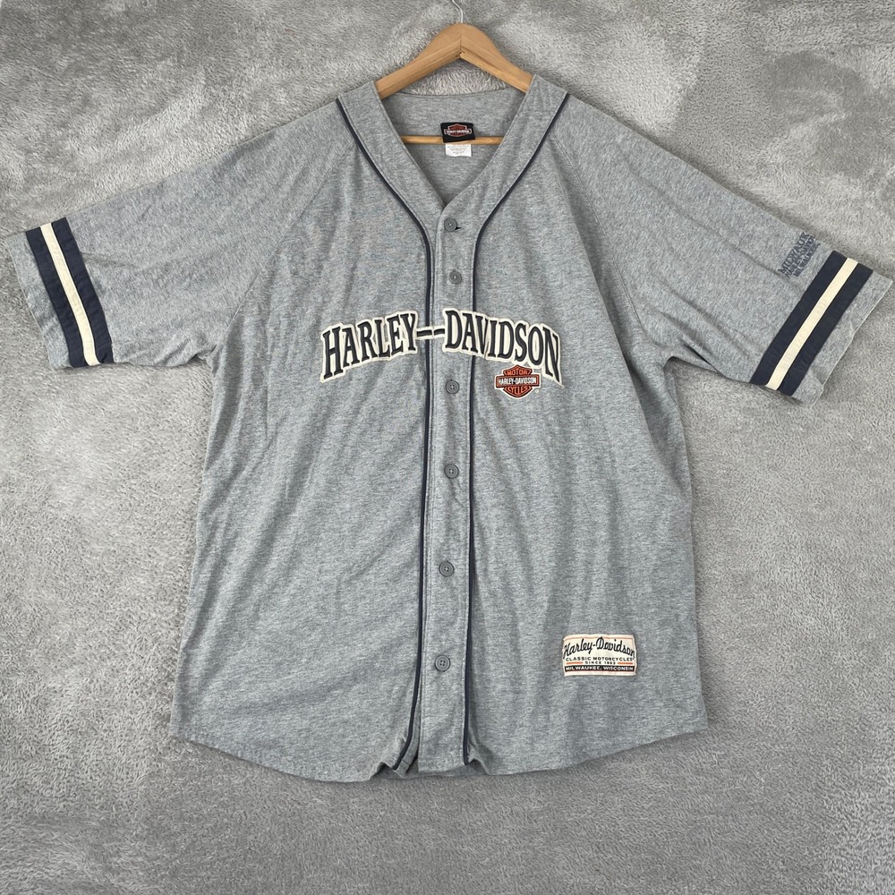Harley-Davidson Jersey Mens XL Gray Milwaukee Biker Baseball Embroidered Shirt